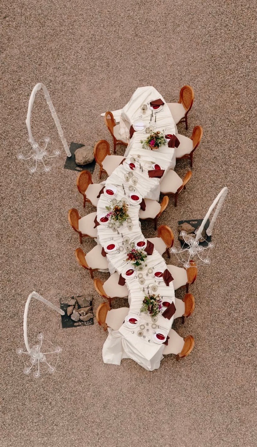 Overhead view of an outdoor wedding reception tablescape with florals